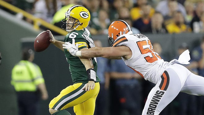 Green Bay Packers quarterback Joe Callahan (6) scrambles against the Cleveland Browns at Lambeau Field.
