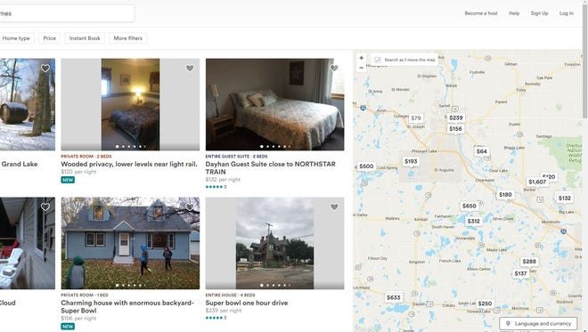 A screenshot taken Feb. 1 shows available Airbnb rentals in Central Minnesota for Super Bowl weekend.