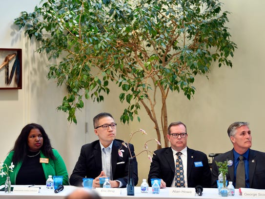 From left, Shavonnia Corbin-Johnson, Eric Ding, Alan Howe and George Scott participate in a candidate forum on April 18, 2018, in York.
