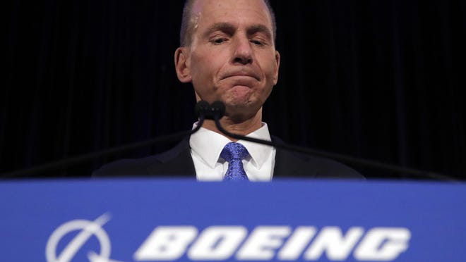 FILE - In this Monday, April 29, 2019 file photo, Boeing Chief Executive Dennis Muilenburg speaks during a news conference after the company's annual shareholders meeting at the Field Museum in Chicago. Boeingâs CEO says the company made a âmistakeâ in handling a problematic cockpit warning system in 737 Max jets ahead of two deadly crashes of the top-selling plane. Chief Executive Dennis Muilenburg told reporters in Paris on Sunday, June 16 that the companyâs communication âwas not consistent,â calling that âunacceptable.â(AP Photo/Jim Young, file)