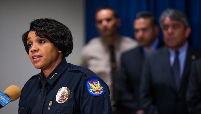 Phoenix Police Chief Jeri Williams talks about the serial street shooter case during a press conference at police headquarters in Phoenix, Monday, May 8, 2017.
