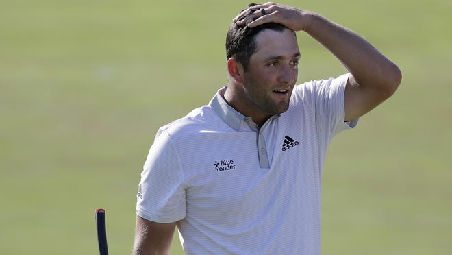 Jon Rahm reacts on the 18th green during the third round of the Memorial Tournament on Saturday in Dublin, Ohio.