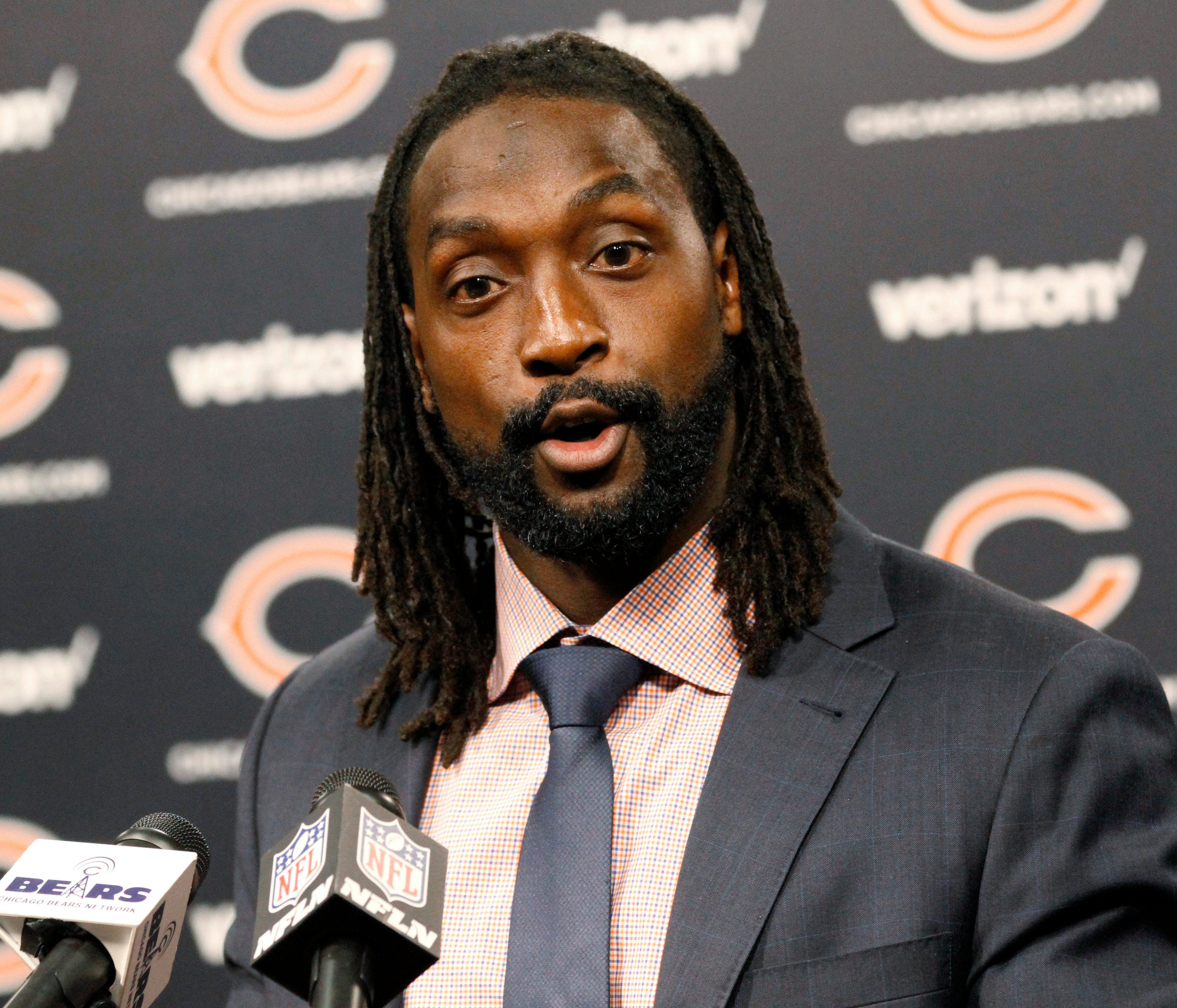 Charles Tillman speaks at a news conference at Halas Hall in Lake Forest, Ill., Friday, July 22, 2016, after signing a one-day contract with the Chicago Bears so he can officially retire as a member of the team that drafted him in 2003. Tillman spent