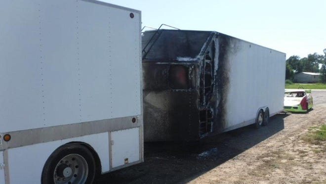 A trailer pulling into the Salina Speedway caught fire Saturday afternoon. The fire appeared to have started from a generator mounted in the driver's side front corner of the trailer.