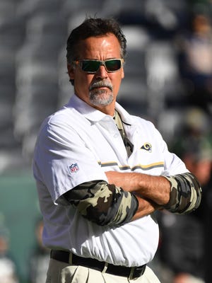 Los Angeles Rams head coach Jeff Fisher
looks on before a game against the New York Jets at MetLife Stadium.