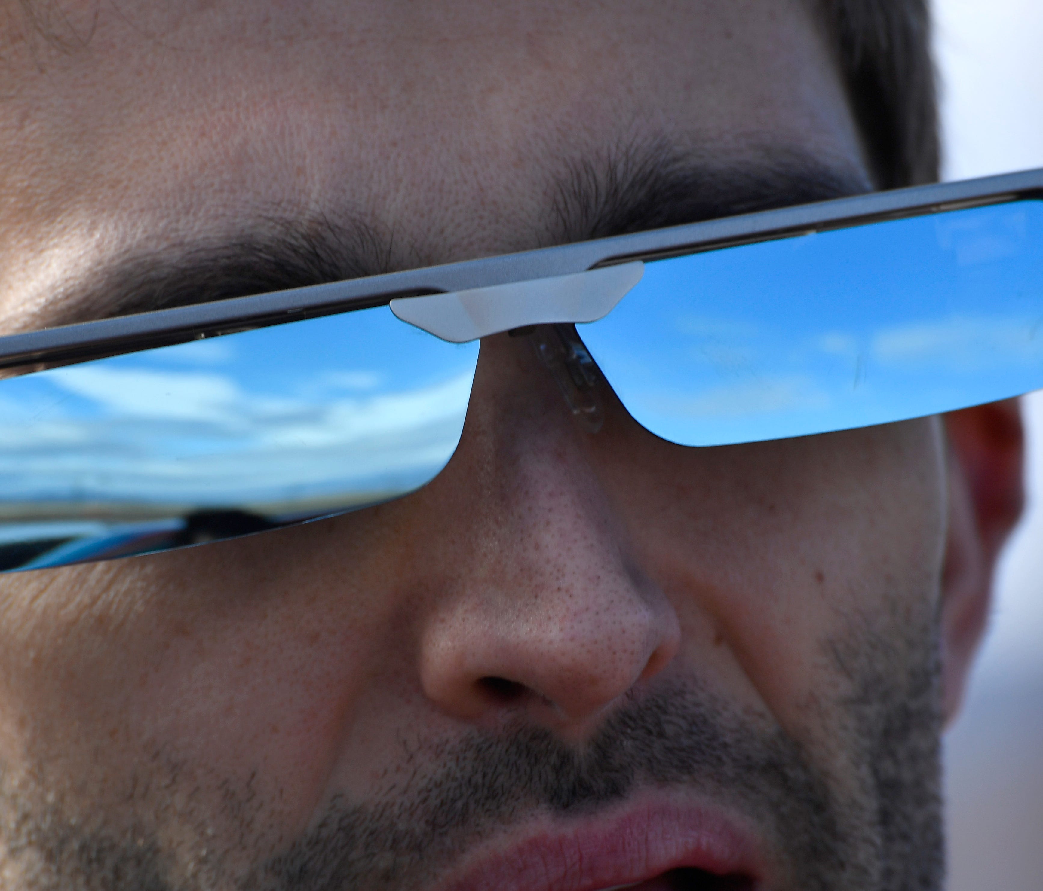Mike Leyva from Epson, demonstrates the company's Moverio augmented reality smart glasses during the Drone Rodeo held annually before the Consumer Electronics Show.