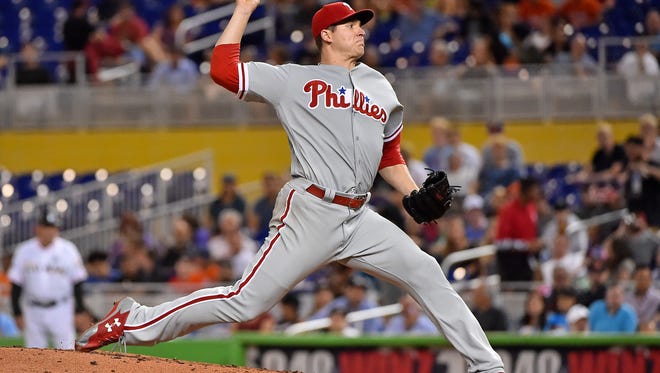 Philadelphia Phillies starting pitcher Jerad Eickhoff delivers a pitch in the first inning July 17 against the Miami Marlins at Marlins Park.