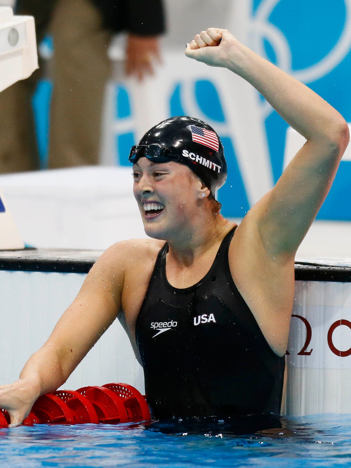 U.S. Olympics swimmer Allison Schmitt celebrates after