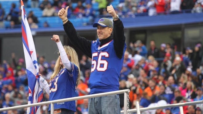 Former Bills quarter Jim Kelly was at Sunday’s game and wore Talley’s No. 56 onto the field in support of the former linebacker.