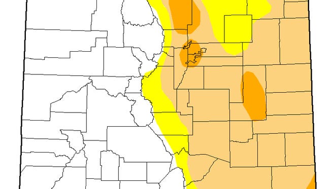 The yellow portions on the map indicate areas that are abnormally dry. Tan indicates moderate drought. Orange indicates severe drought. Red indicates extreme drought. The map was released March 16, 2017.