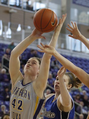 Northern Iowa forward Jen Keitel, pictured in a previous game, had 20 points and 13 rebounds Sunday in a 61-50 exhibition win over Sioux Falls at the McLeod Center.