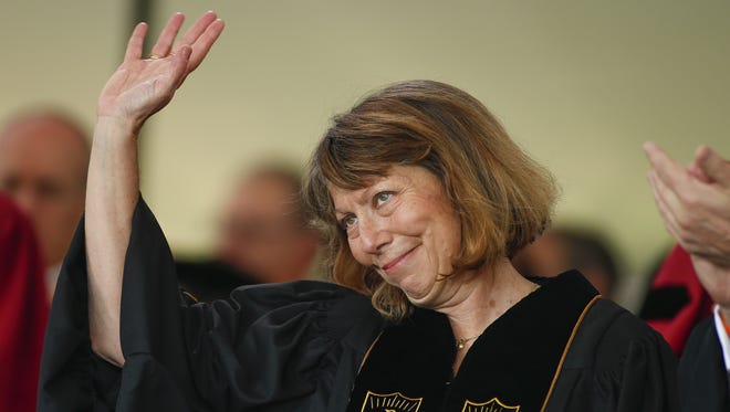 Jill Abramson, former executive editor at 'New York Times' during commencement ceremonies for Wake Forest University in May 2014 in Winston Salem, N.C.