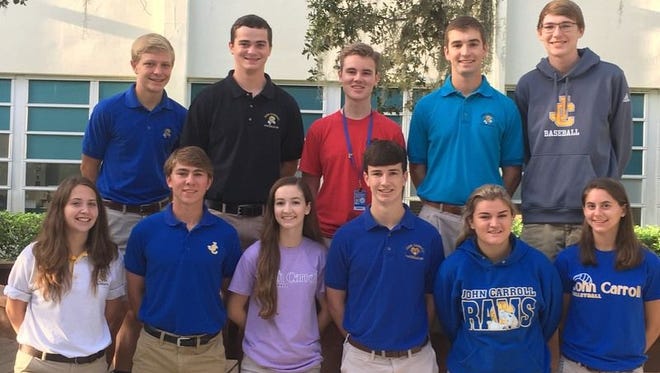 Congratulations to the John Carroll High School  students, pictured, who earned AP designations: (back row) Thomas Jochem, Conor Bowman, Jake Stapleton, Brian Villa and Brian Jacobus; (front row) Maria Miller, Dylan Breslaw, Theresa Villa, Jack O’Leary, Emma Titus and Hannah Morris. Not pictured are: Rebecca Ageeb, Madison Getgood, Kristyn Kramer, Emily Manville, Madison O’Loughlin, Maria Owens, Madeline Powers, Emma Ross, Allison Russakis, Tony Teng, Ben Tompkins, Rayna Zicari, Stephanie Ageeb, Matthew McGarry and Hunter Molloy.