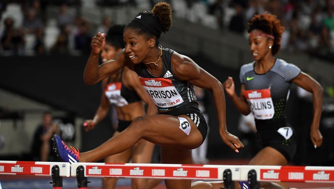 Kendra Harrison (USA) wins the women's 100m hurdles in a world record 12.20 in the London Anniversary Games during an IAAF Diamond League meet at Olympic Stadium in London on July 22, 2016.