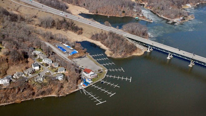 The west side of Irondequoit Bay, with the Irondequoit Bay bridge at right, in 2010.