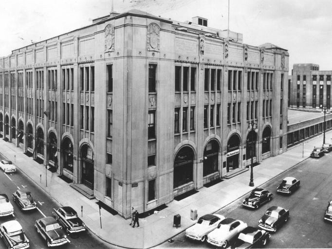 The Detroit News building from the air at Second Avenue