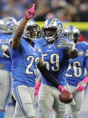 Lions cornerback Darius Slay celebrates after making the game-saving interception late in the fourth quarter Sunday, Oct. 9, 2016 at Ford Field in Detroit.