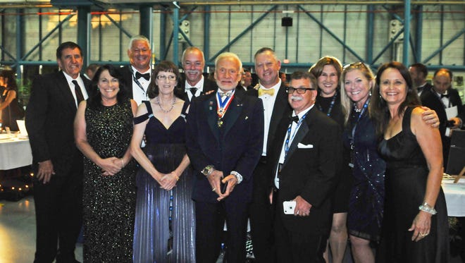 Our group at the Buzz Aldrin's ShareSpace gala: (left to right) Tim Kaiser, Tracy Rooney, Philip Rooney, Sharon Whitaker, Buzz Aldrin, Jeff Kiel, Bob Gabordi, Gayle Kiel, Gina Kaiser and Donna Gabordi.