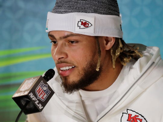Kansas City Chiefs' Tyrann Mathieu speaks to reporters during Opening Night for the NFL Super Bowl 54 football game Monday, Jan. 27, 2020, at Marlins Park in Miami. (AP Photo/Chris Carlson)