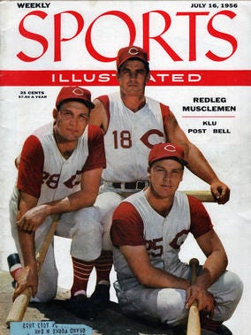 the Sports Illustrated cover from July 16, 1956 featuring Reds players Ted Kluszewski, Wally Post and Gus Bell.