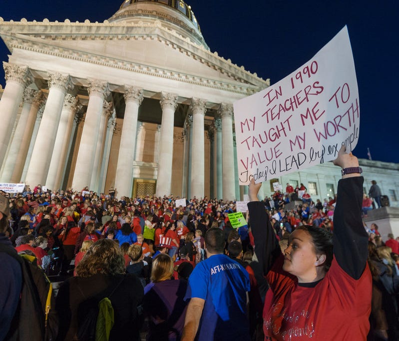 Jennyerin Steele Staats, a special education teacher, with teachers at protest outside West Virginia Capitol, Charleston,  Feb. 27, 2018.