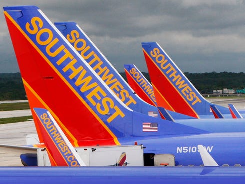 Southwest Airlines jets at Baltimore-Washington International Airport on May 16, 2008.