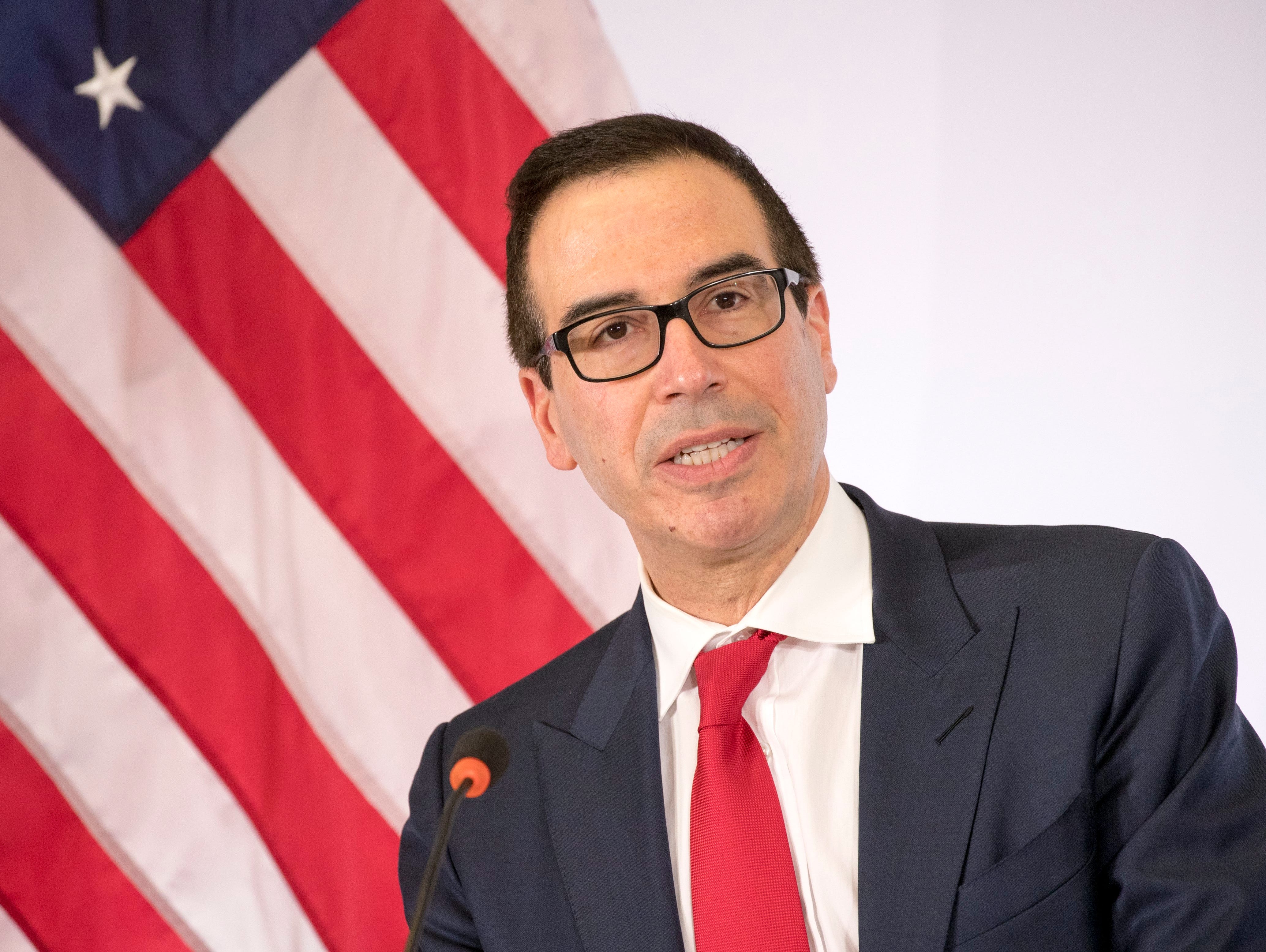 U.S. Treasury Secretary Steven Mnuchin speaks during a news conference after the G20 Finance Ministers and Bank Governors meeting in Baden Baden, Germany on Saturday.