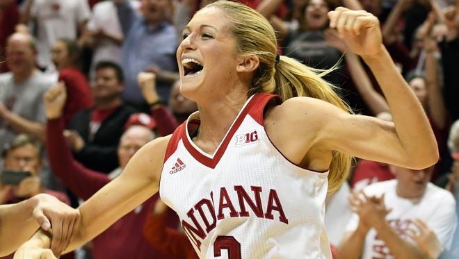 Indiana Hoosiers guard Tyra Buss (3) celebrates after learning that IU will host the championship game in the WNIT tournament after the game against TCU at Simon Skjodt Assembly Hall in Bloomington, Ind., on Wednesday, March 28, 2018.