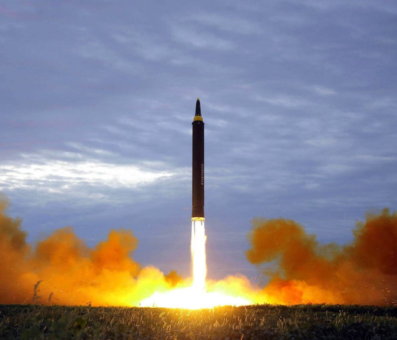 In this Aug. 29, 2017, file photo the North Korean government shows what it says is the test launch of a Hwasong-12 intermediate range missile in Pyongyang, North Korea.