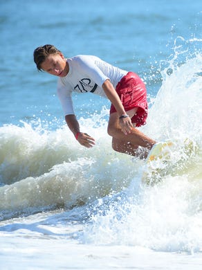Jack Hahn, Landenberg, Pa. competes in the semifinals of the Skim USA Association ZAP Pro/Am Skimboarding Competition in Dewey Beach, De. on Friday, August 11, 2017.
