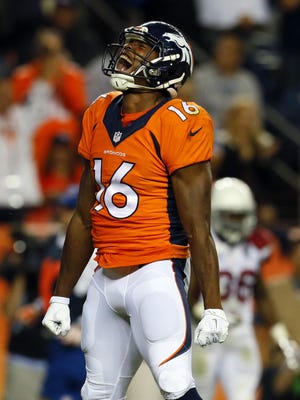 Denver Broncos wide receiver Bennie Fowler (16) reacts after scoring a touchdown against the Arizona Cardinals during the second half of an NFL preseason football game, Thursday, Sept. 3, 2015, in Denver. (AP Photo/Joe Mahoney)