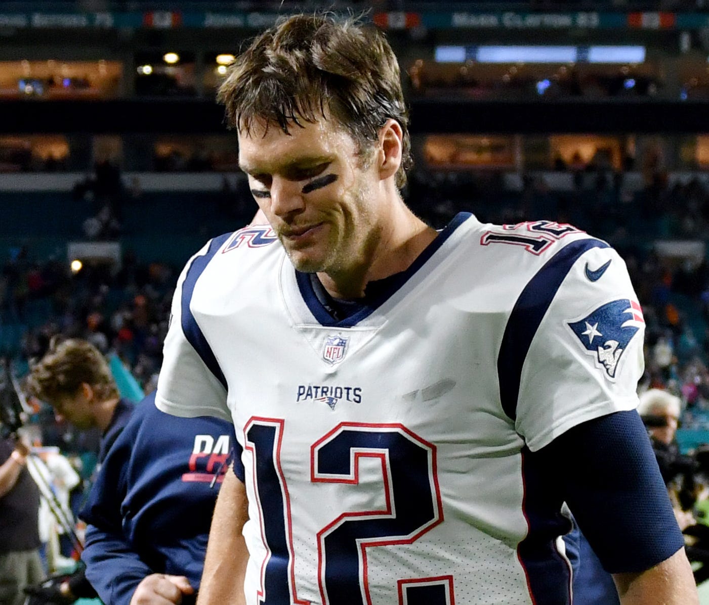 Patriots QB Tom Brady was intercepted twice in Monday's loss at Miami.