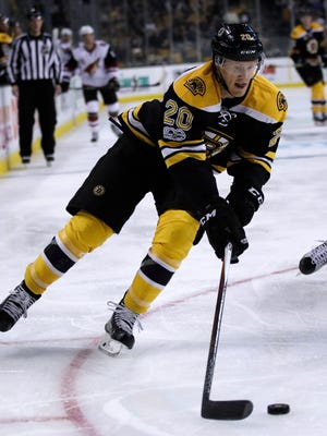 Boston Bruins center Riley Nash (20) skates during the second period of an NHL hockey game in Boston, Tuesday, Feb. 28, 2017. (AP Photo/Charles Krupa)

