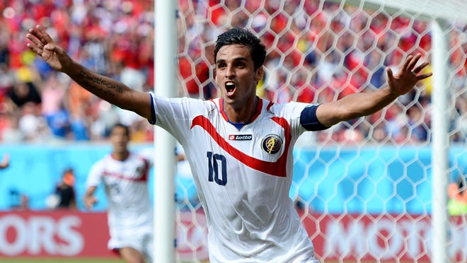 
Bryan Ruiz of Costa Rica celebrates after scoring a first-half goal during a World Cup Group D match against Italy on Friday in Recife, Brazil. 
