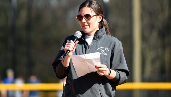 Pascack Hills softball head coach Erin Curatola speaks emotionally about the work that had to be done to add a softball field to the Pascack Hills High School campus in Montvale, NJ on Monday, April 23, 2018.