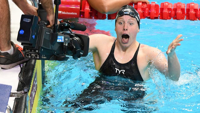 Lilly King of the USA celebrates her world record and victory in the women's 100m breaststroke final at the FINA World Championships 2017 in Budapest, Hungary, 25 July 2017.