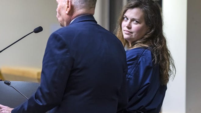 Hannah Roemhild, who breached two roadblocks near Mar-a-Lago during a police chase, appears in court with her attorney, David Roth, Monday, February 3, 2020.