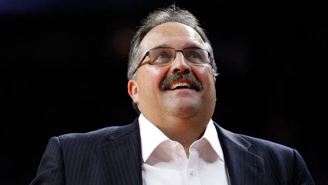 Oct 30, 2015; Auburn Hills, MI, USA; Detroit Pistons head coach Stan Van Gundy smiles during the first quarter against the Chicago Bulls at The Palace of Auburn Hills.
