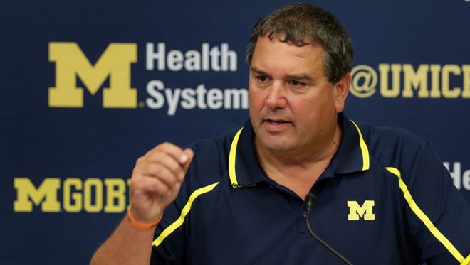 Michigan football coach Brady Hoke speaks during a news conference in Ann Arbor on Sept. 29, 2014.