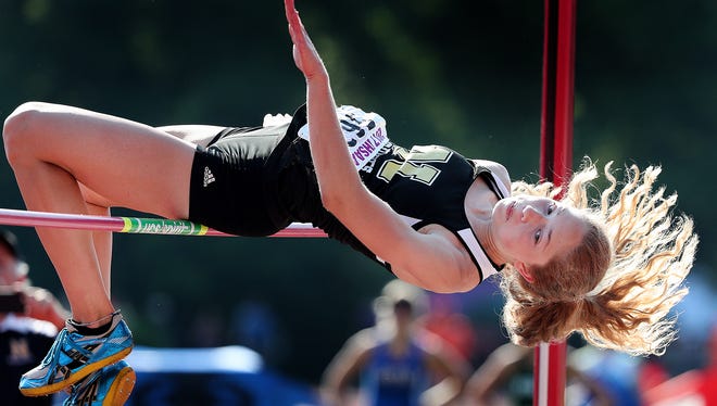 Noblesville's Shelby Tyler clears 5'10" to win the Girls High Jump during the girls IHSAA State Finals at Indiana University's Robert C. Haugh Track & Field Complex in Bloomington, Saturday, June 3, 2017.