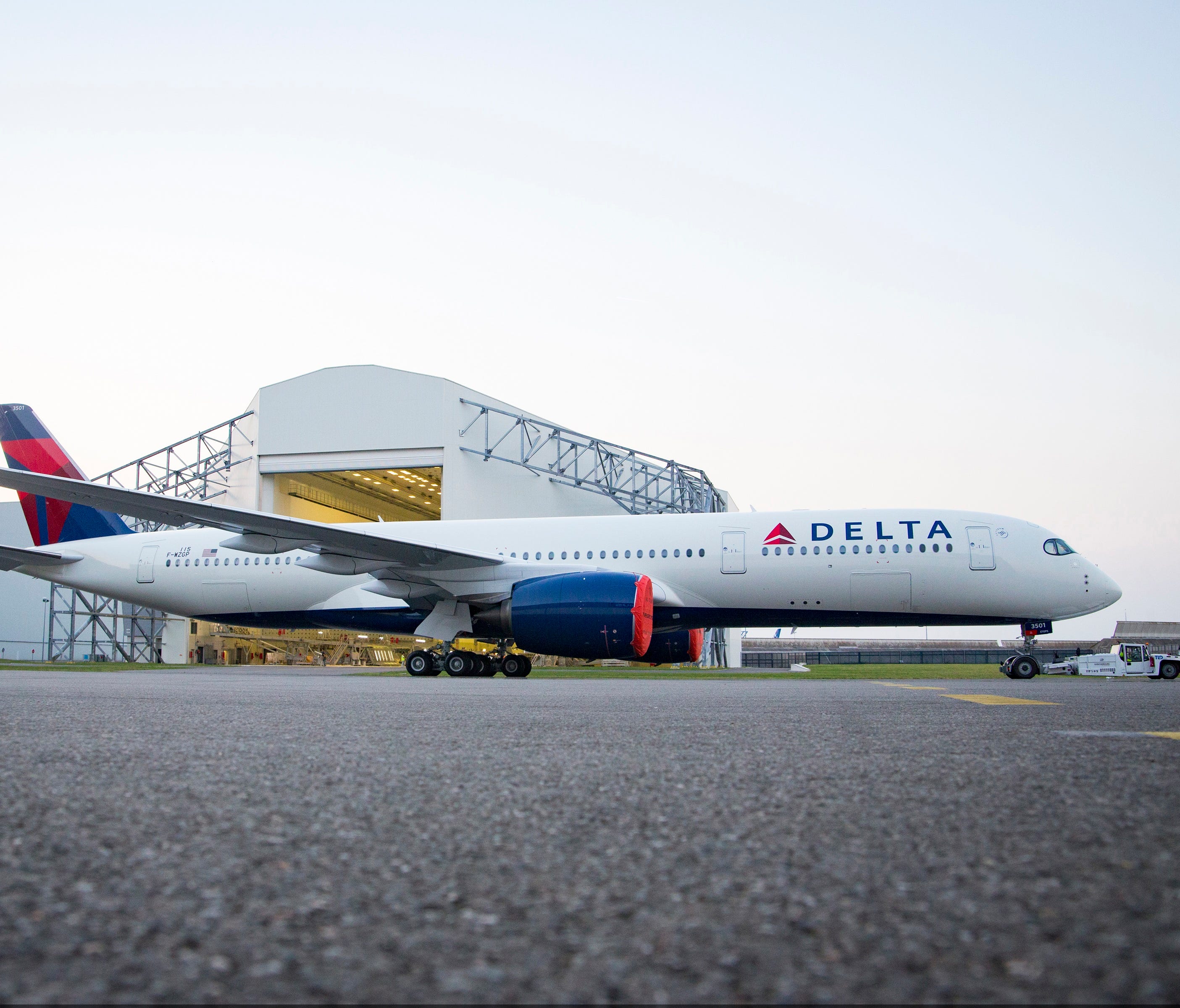 Delta Air Lines provided this image of its first Airbus A350 widebody jet. It rolled out of the jetmaker's paint shop in France on June 13, 2017.