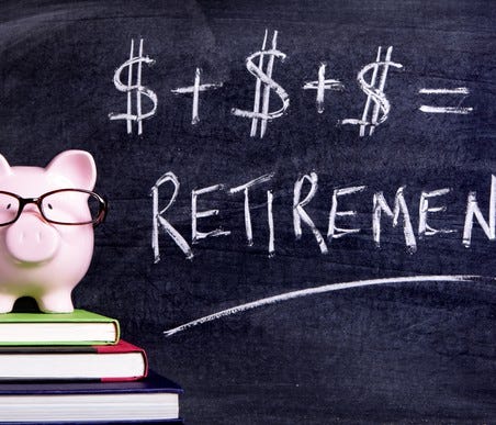 A piggy bank wearing glasses and atop a stack of books in front of a blackboard on which is written that dollar signs added together equal retirement