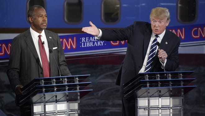 Donald Trump and Ben Carson participate in the second presidential debate at the Ronald Reagan Presidential Library in Simi Valley, Calif., on Sept. 16, 2015.