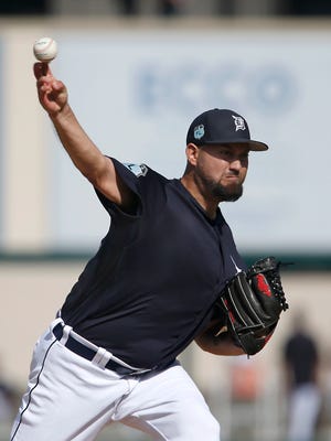 Feb 24, 2017; Lakeland, FL, USA; Tigers relief pitcher Edward Mujica throws a pitch during the fifth inning of a spring training game against the Orioles at Joker Marchant Stadium.