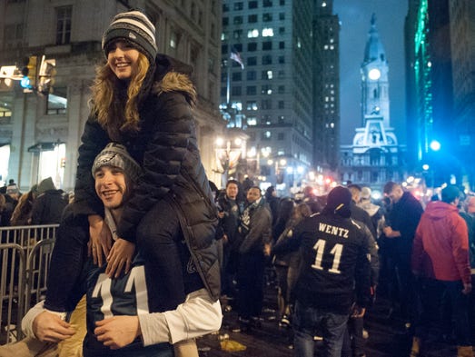 Eagles fans celebrate in Center City Philadelphia following