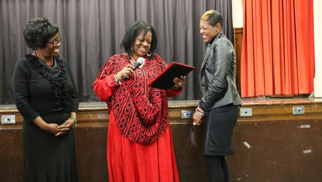 “Talk to your children and share with them the history in your own family,” was the charge that the Stephanie James Wilson Harris, gave to her audience during Plainfield Public Schools Black History Month Breakfast on Wednesday at the Barack Obama Academy for the Academic and Civic Development. Pictured left to right are L-r  Superintendent of Plainfield Public Schools Anna Belin-Pyles, Plainfield Public Schools Board of Education President Wilma G. Campbell, and Stephanie James Wilson Harris, Executive Director of the NJ Amistad Commission.