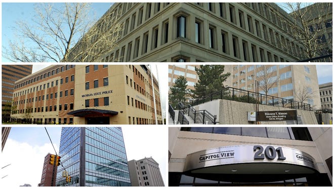 This collage of State Journal file photos shows, clockwise from top, the Ottawa Building, the Mason Building, Capitol View, the Farnum Building, and the Michigan State Police headquarters.