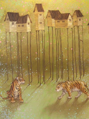 Sarah Kaufman, "Tigers in the Village," oil on canvas.