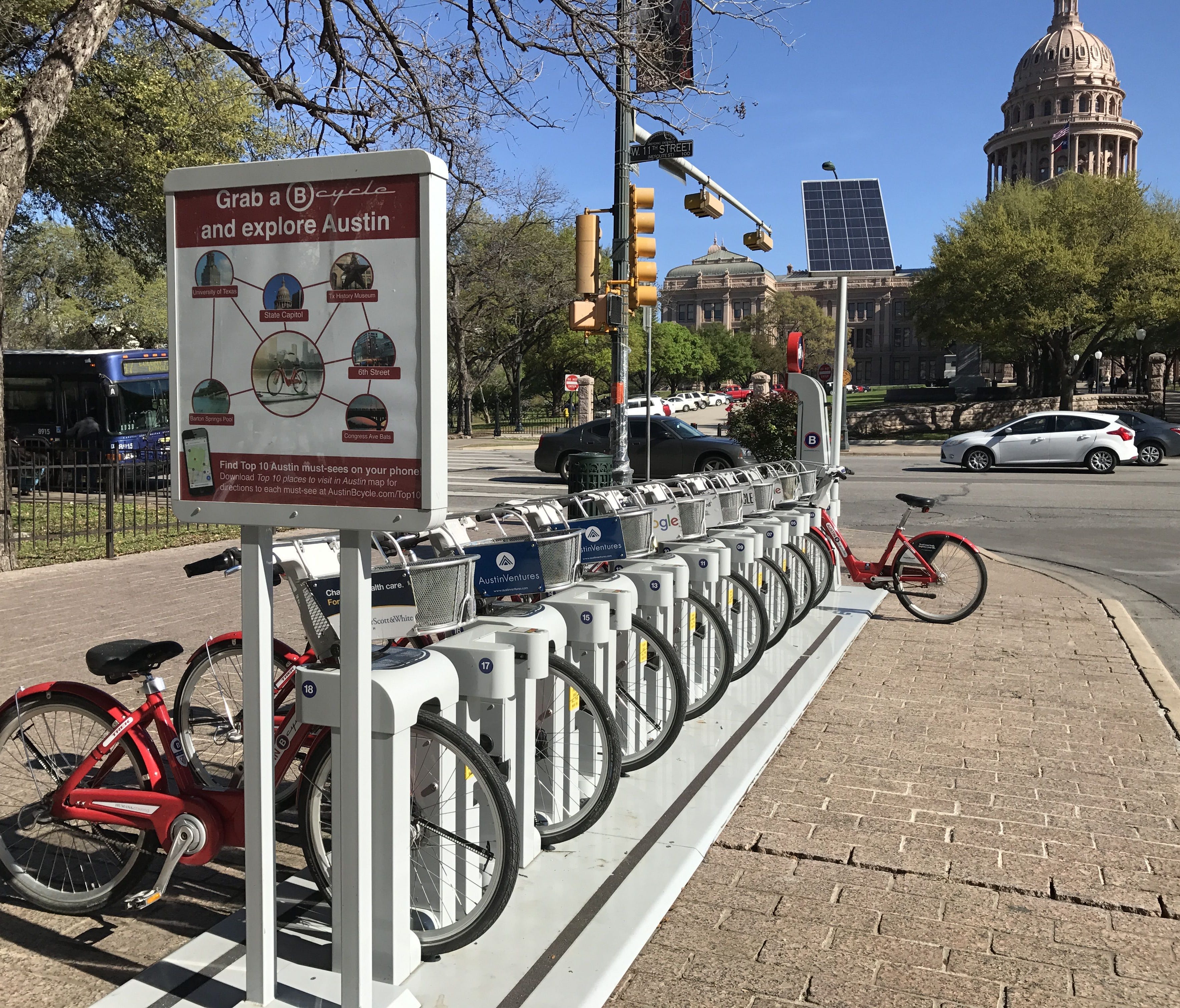Transportation options in Austin, Texas, include fleets of rental bikes positioned around town.