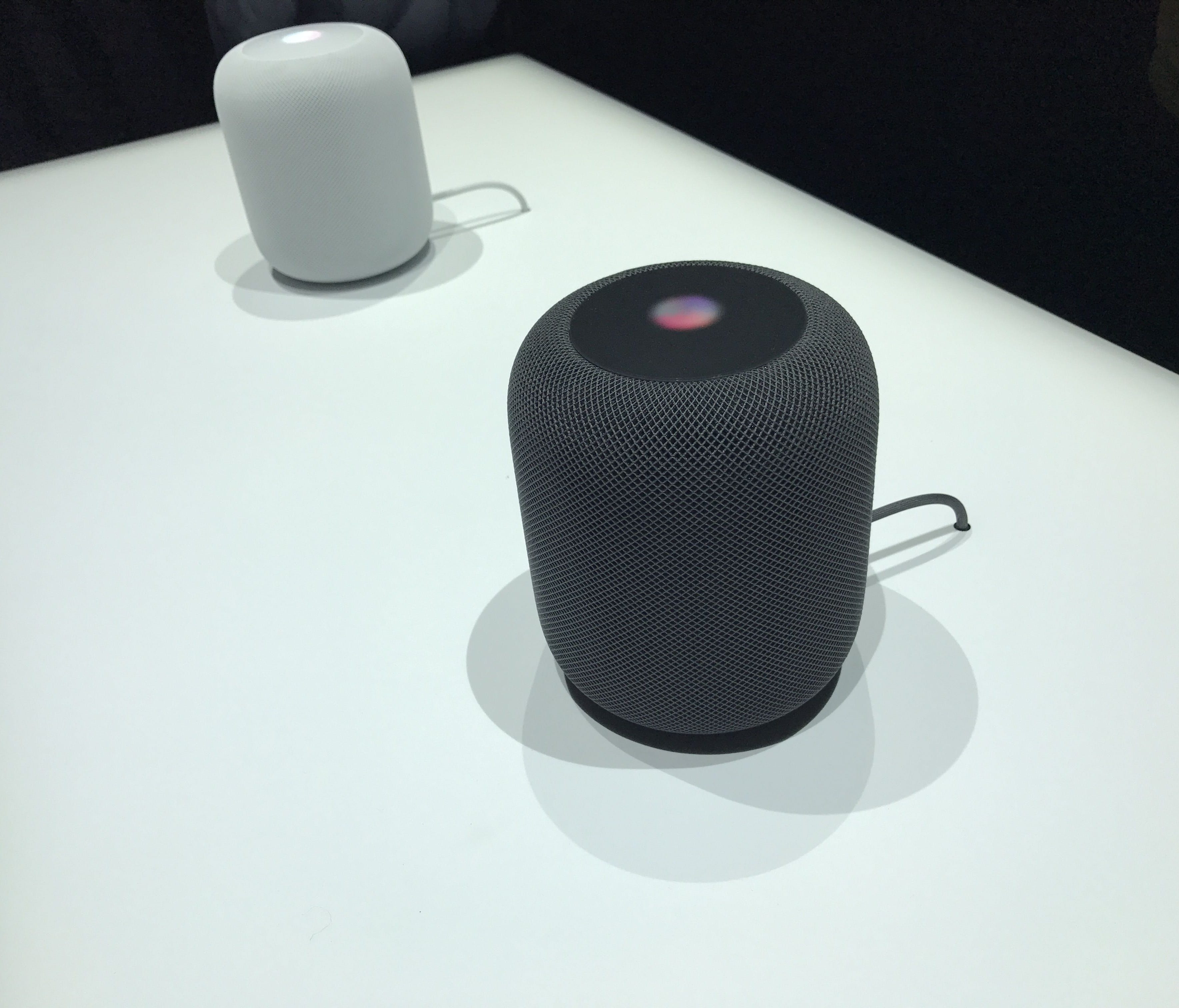 Apple's new HomePod speakers on display at the Worldwide Developer's Conference